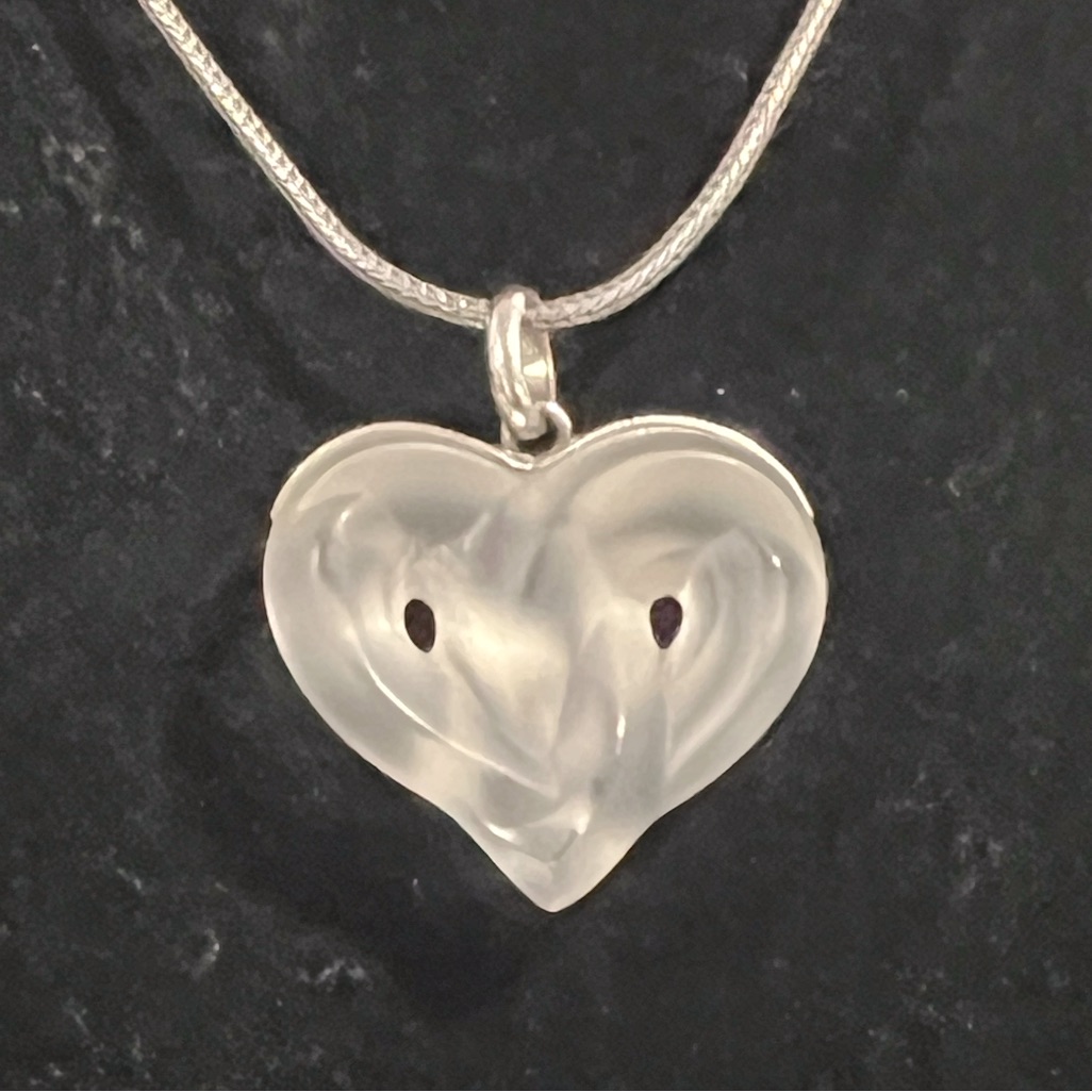 Rare Lalique Crystal Entwined Heart Pendant Sterling Silver Black Cord Necklace